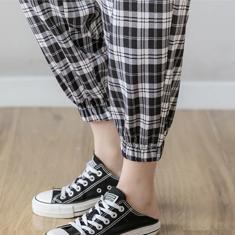 

#2127 High Waisted Plaid Pants Women Harajuku Preppy Style Streetwear Pencil Harem Pants Female Thin Casual Chiffon Pants Summer