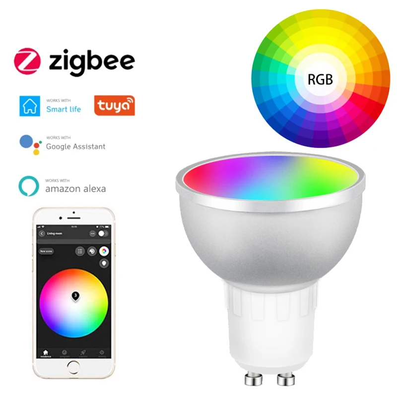 

Умная Светодиодная лампа Zigbee 3,0 Gu10, 5 Вт, RGBCW, работает с приложением Tuya Smart Life, Голосовое управление через Alexa Echo Plus Google Home