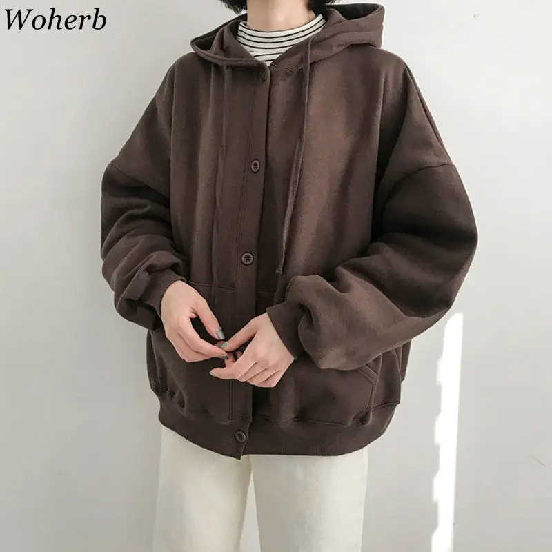 Woherb/Винтажные модные толстовки женские однотонные толстовки с длинным рукавом Толстовка с капюшоном свободный однобортный Топ уличная одежда 90975