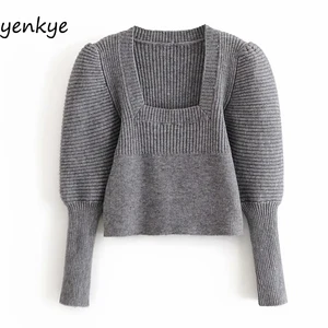 Женский короткий свитер с квадратным вырезом, однотонный винтажный пуловер с пышными рукавами, осенний свитер