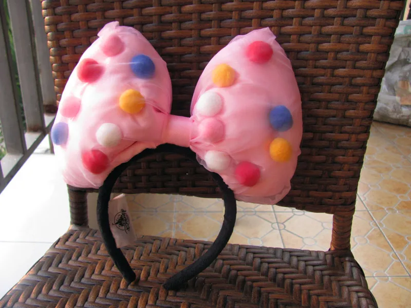 Disney большой бант розовый разноцветными помпончиками и уши Минни Маус повязка на