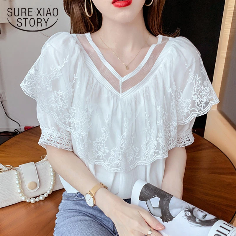 Summer V-neck Blouse 2021 New Loose Ruffled Patchwork Lace Short Sleeve Blouses Women Sweet Elegant Shirt Clothes Blusas 14288