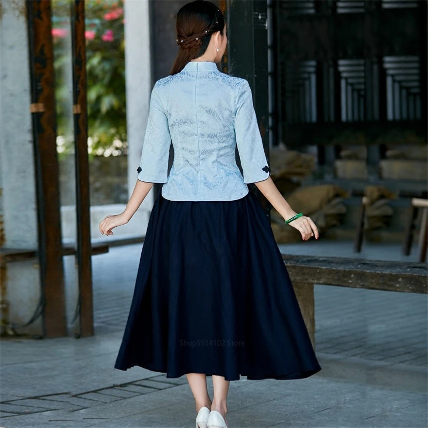 

2021 Women Chinese Qipao Skirt Elegant Lady Embroidery Cheongsam Sets Spring Summer Classic Plus Size Fairy Performance Clothing