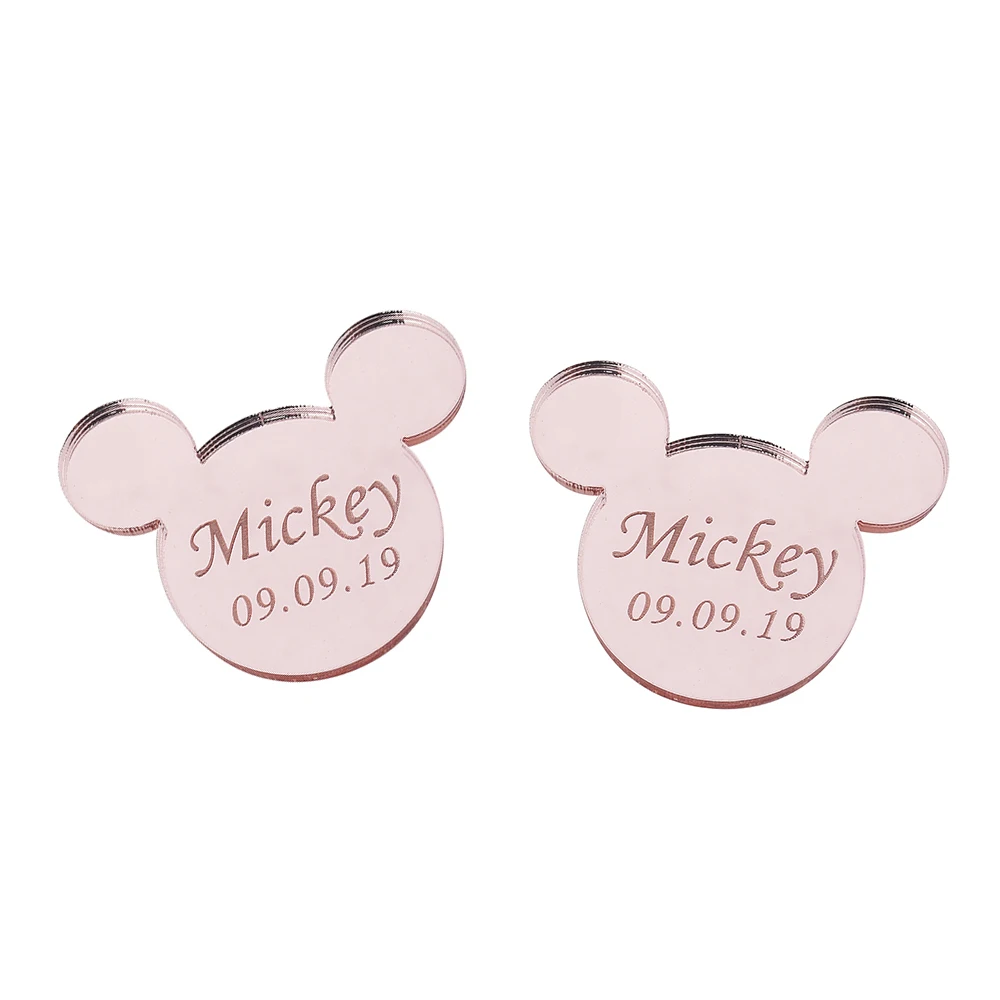 Style4 Pink 12 шт. персонализированные гравированное зеркало Микки Маус надписи имя карты метки ребенок душ украшение для вечеринки в день рождения 40 мм без отверстия - Цвет: Style4 Pink