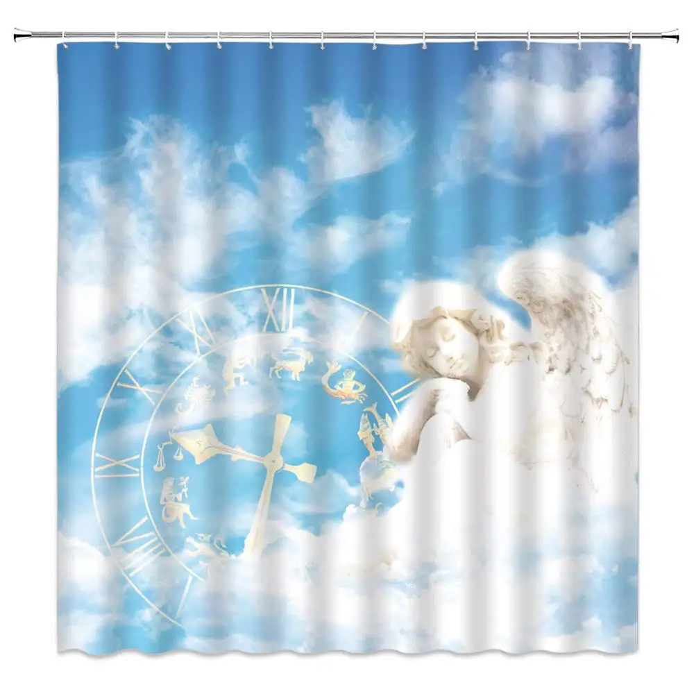 

Love Shower Curtain Angel Cupid Sitting on Cloud Love Arrow Roman Digital Clock Cloth Fabric Bathroom Decor