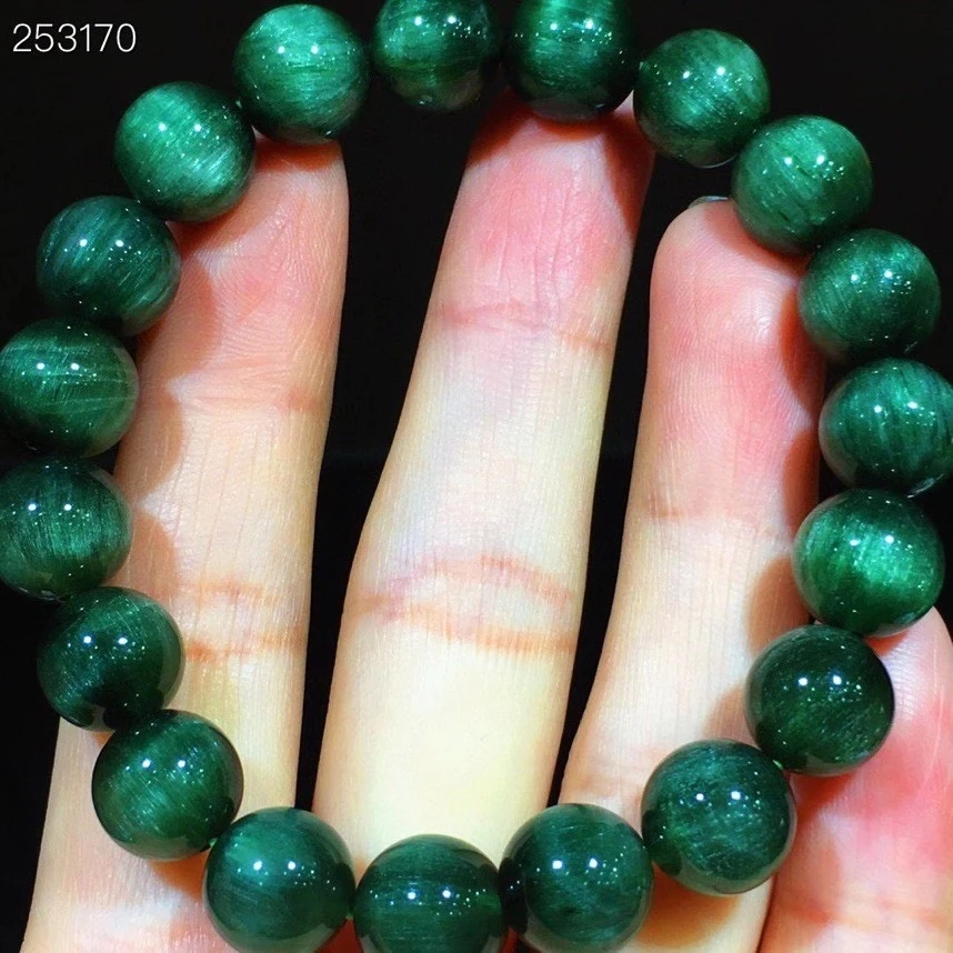 

Genuine Natural Green Rutilated Quartz Cat Eye Bracelet 10.3mm Brazil Women Men Stretch Crystal Round Bead Bracelet AAAAAA