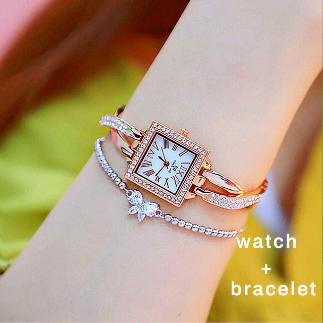 rose-with-bracelet Женские кварцевые часы Повседневное платье женские часы маленький циферблат горный хрусталь Квадратные наручные часы золотые женские часы Reloj Mujer - Цвет: rose-with-bracelet