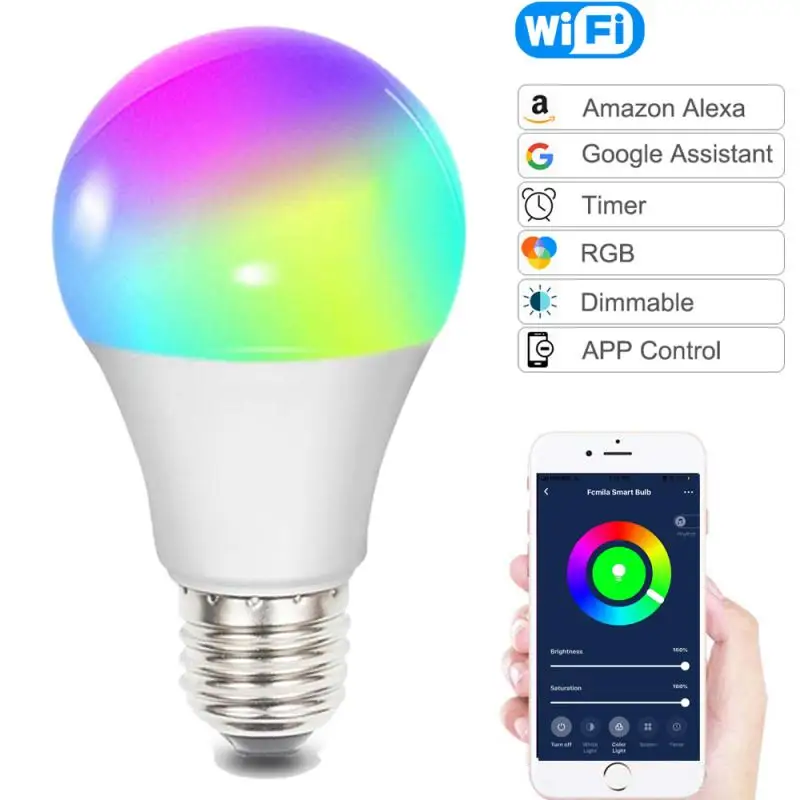 

Умная лампа для освещения, светодиодная лампа RGB с регулируемой яркостью, E14/E26/B22/E27, меняющая цвет лампа совместимый с Alexa Google Home