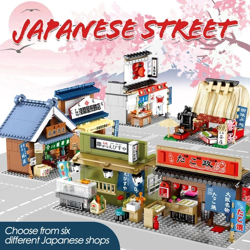 New City Street View Architecture Japan Food Shop House Retail Store Restaurant Sushi Takoyaki Ramen Model Building Block Toys | Игрушки и