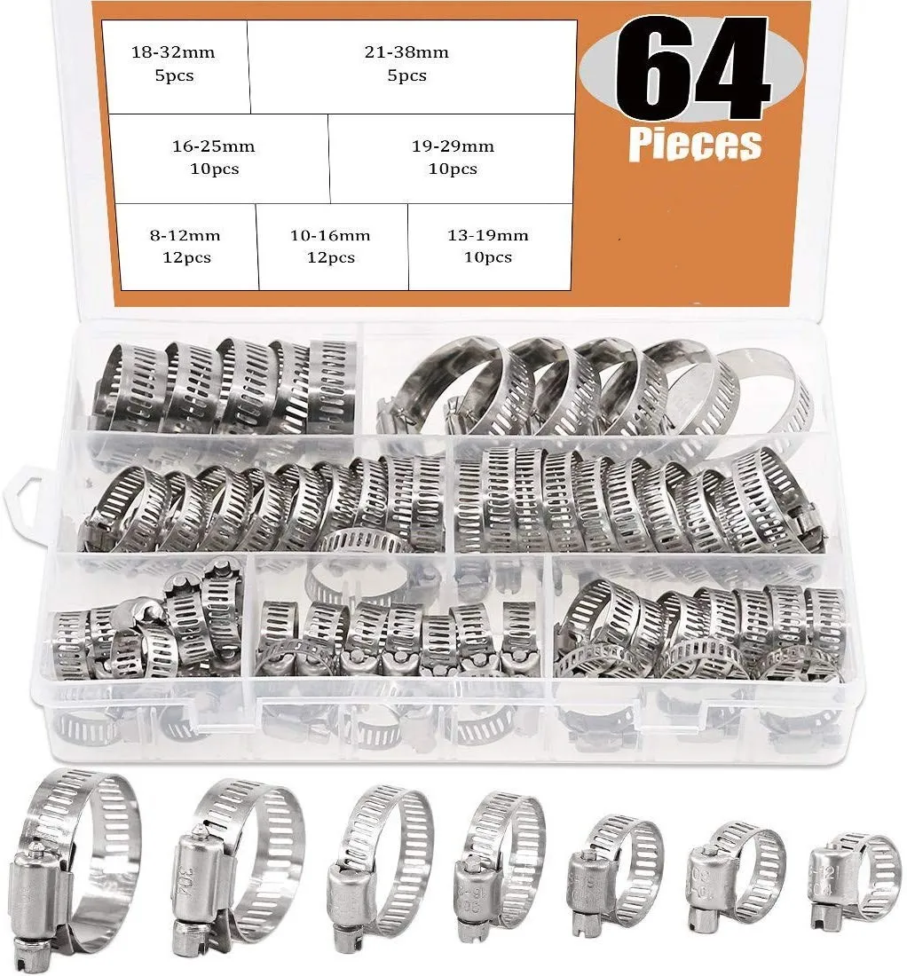 64Pcs Adjustable 8 to 38mm Diameter  Clips Worm Gear Hose Clamp Assortment Kit for Various Pipes Automotive Mechanical Use