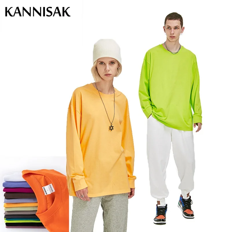 

KANNISAK Long Sleeve T-shirt Men 2021 Autumn Solid Oversize Tshirts Basic Harajuku Shirt O-neck Hip Hop Tops Cotton Couple Tees