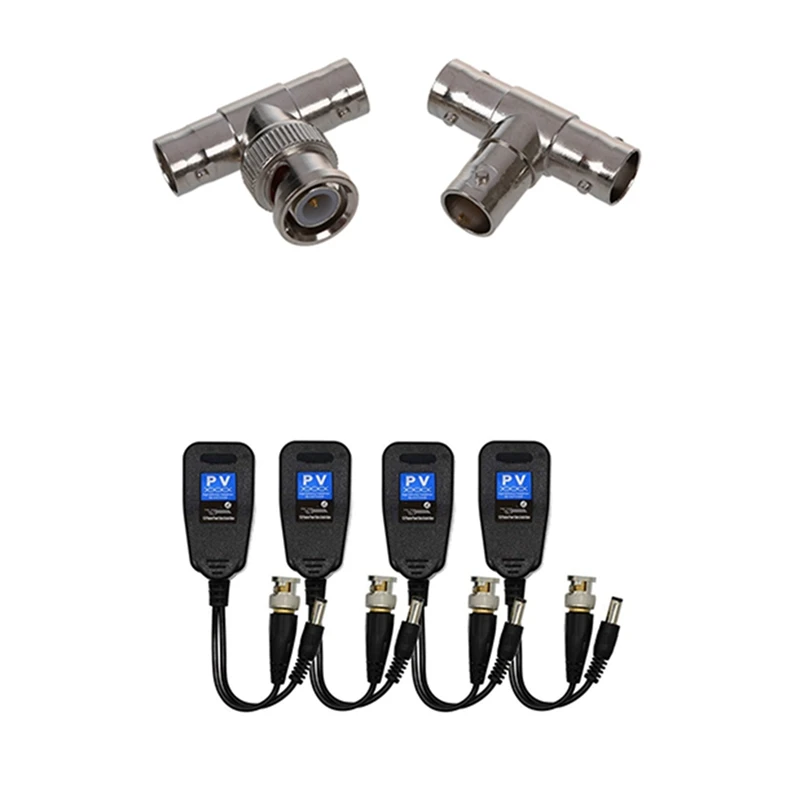 

1x BNC Male to 2 Female Plug RF коаксиальный T адаптер и 2 пары видео Balun, HD-CVI/TVI/AHD UTP Пассивный Видео Balun