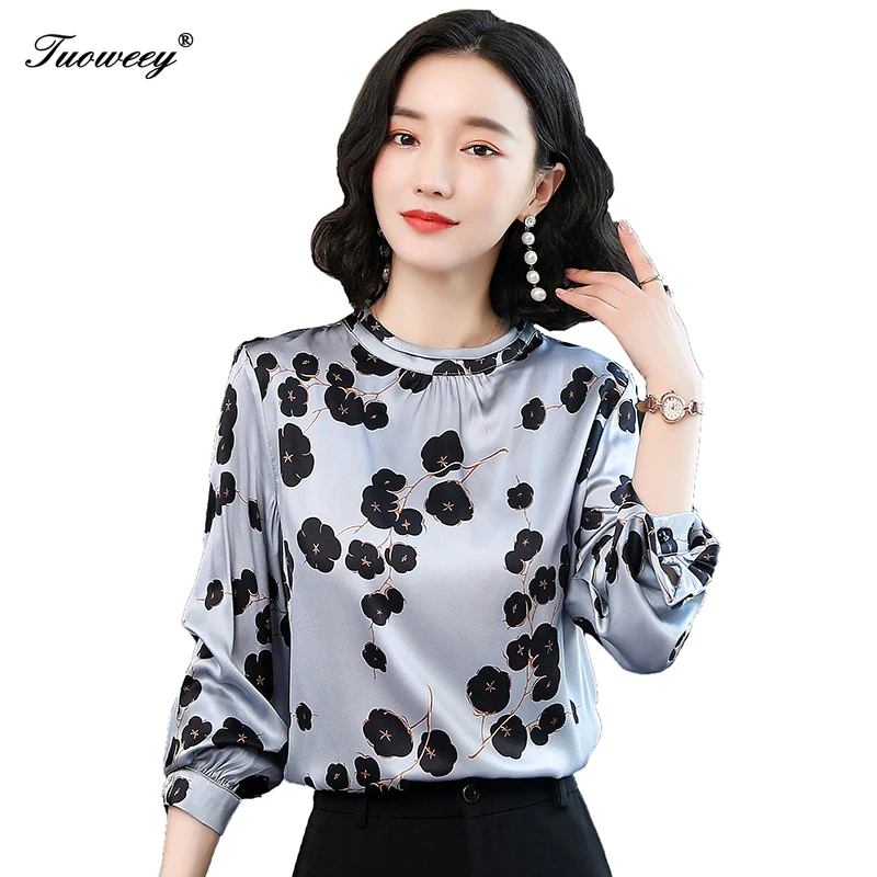 

2020 Autumn Women Floral Print long Sleeve Blouse Shirts Casual Stand Neck Button Pullovers Tops Lady Fashion Plus Size Blusa