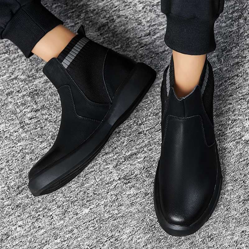 Мужские зимние ботинки челси 2020 черные из спилка мужская обувь теплые с Плюшевым