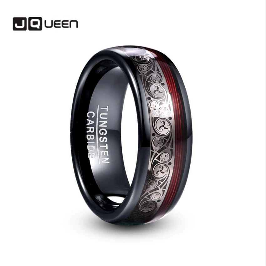 JQUEEN-anillo de acero de tungsteno chapado, 8mm de ancho, incrustación negra, Triple patrón de espiral + cuerda de guitarra roja, anillo de carburo de tungsteno, gran oferta