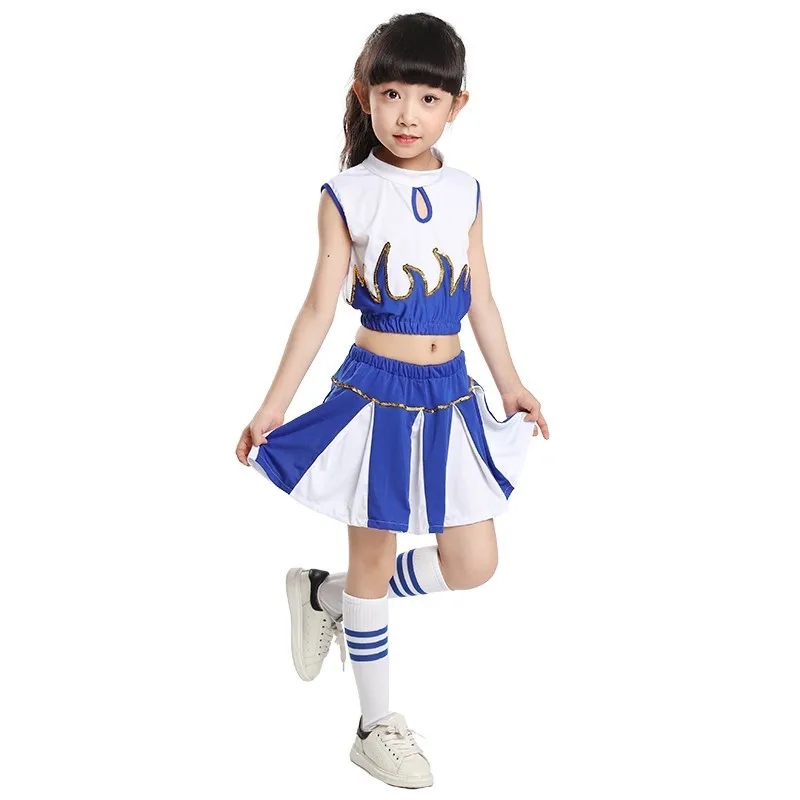 Blue girls 110-160 см, костюмы черлидеров для мальчиков и девочек, школьная форма, гимнастика, спортивная одежда для соревнований, танцевальная команда, одежда для выступлений - Цвет: Blue girls