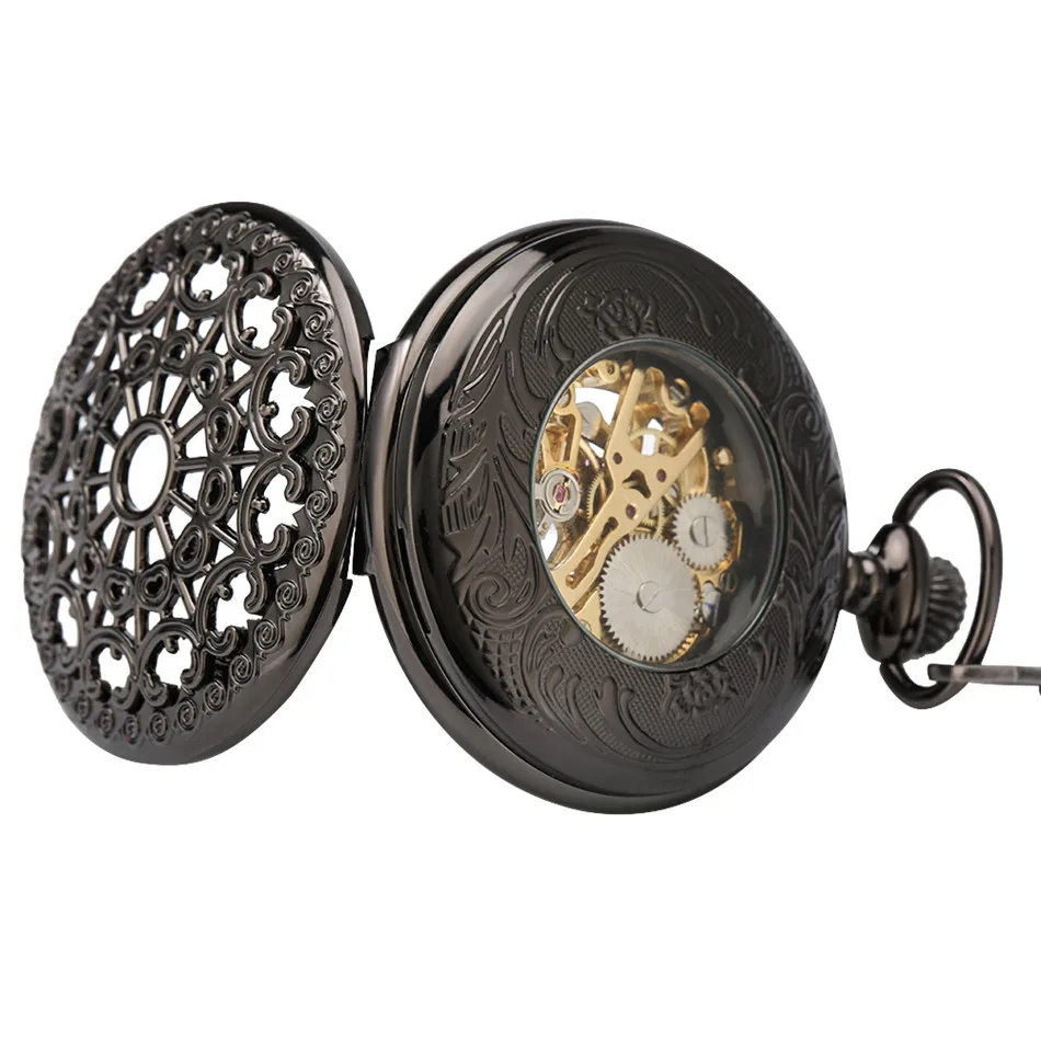 

Antique Black Hollow Spider Web Mechanical Watch Luxury Roman Numerals Display FOB Chain Pendant Hand Winding Pocket Clock Gifts