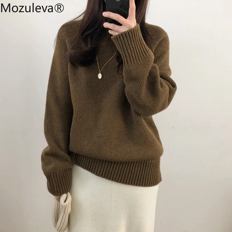 

Mozuleva Autumn Winter Half Turtleneck Women Loose Sweater Elegant Female Knitted Pullover Casual Stripe Jumper Argyle Sweater