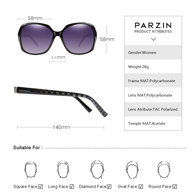 Женские солнцезащитные очки PARZIN брендовые дизайнерские с большой оправой и