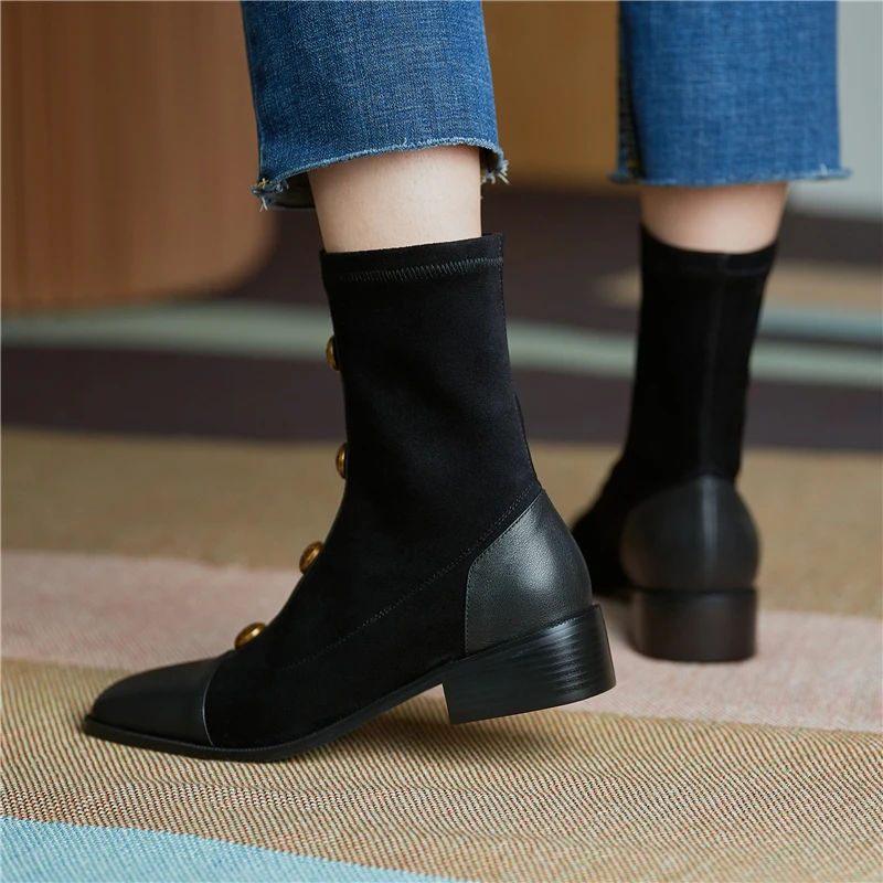 

FEDONAS Vintage Concise Women Ankle Boots Genuine Leather Metal Decoration Flock Stretch Boots Office Autumn Winter Shoes Woman