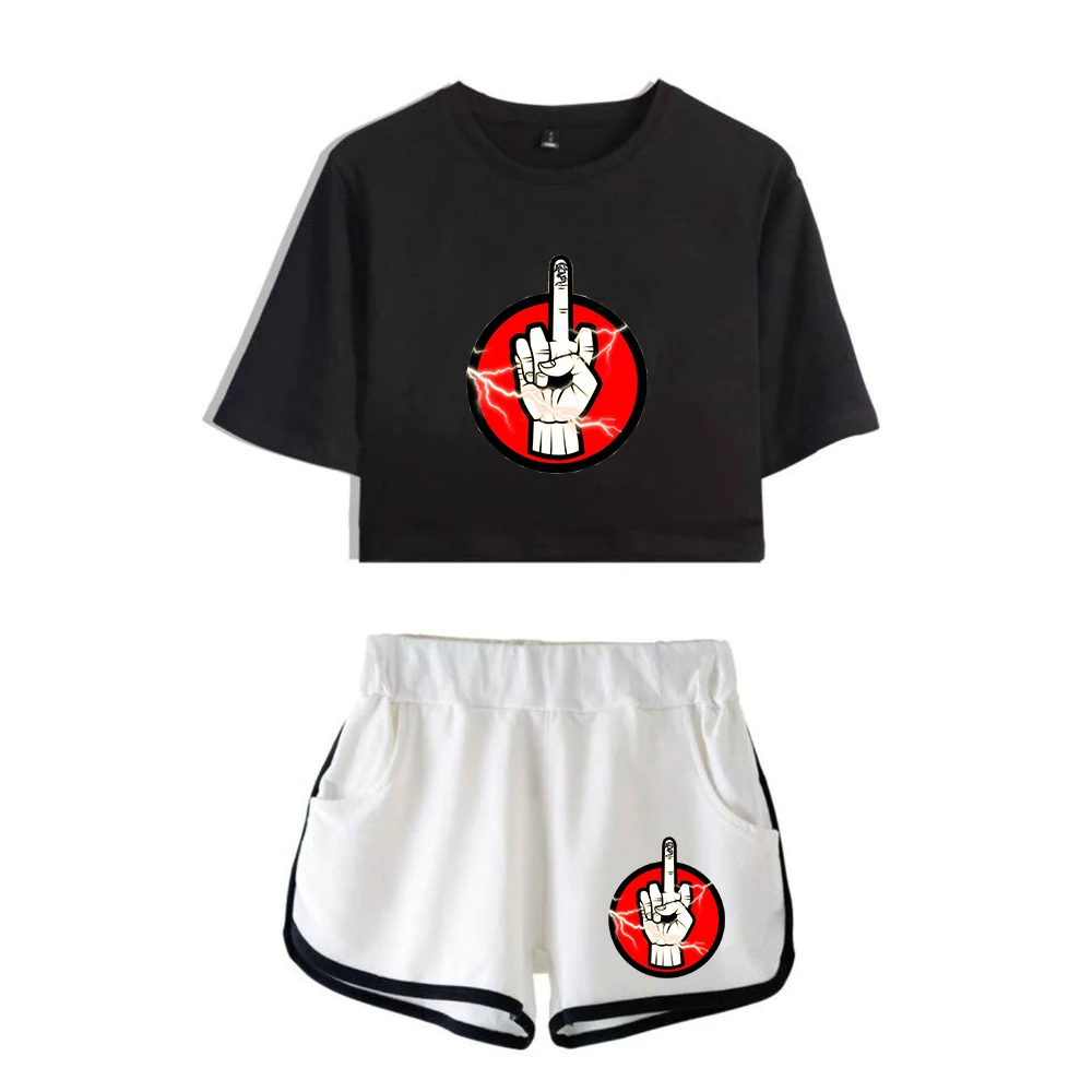 

Trendy Kawaii International Despise Print Dew navel Sport Girl suits Trendy Youthful Two Piece Set Sexy Shorts+lovely T-shirt