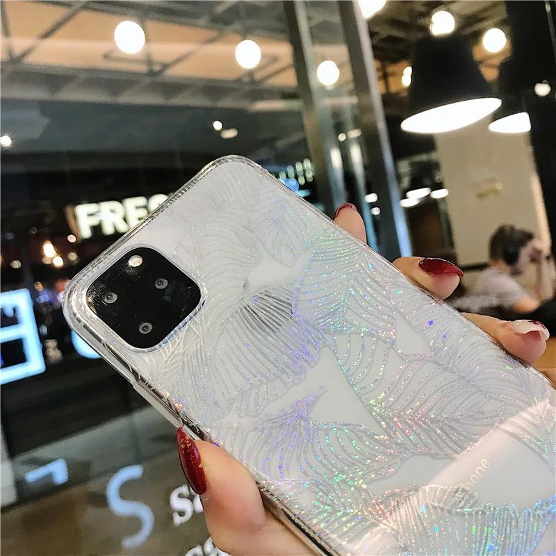 Прозрачный чехол с блестящими листьями для iPhone 12 11 Pro X XS Max XR 6 6S 8 7 Plus прозрачная