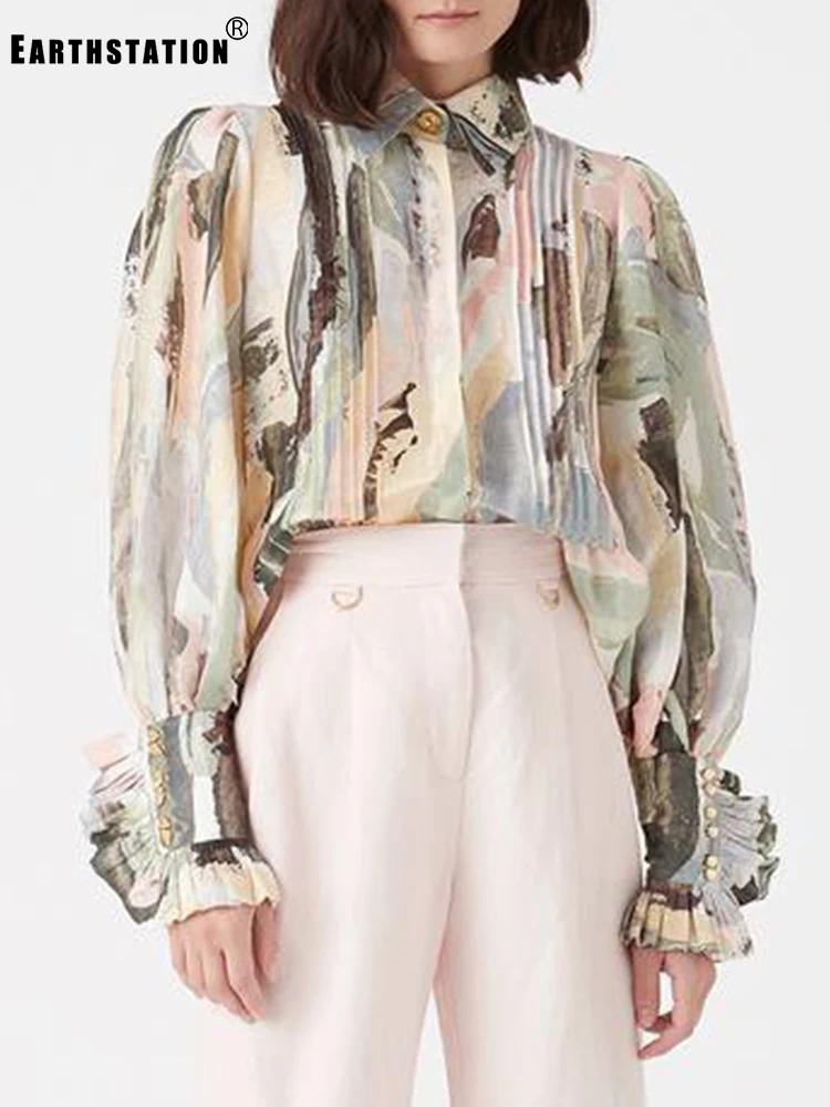 Бесплатная доставка ретро принт металлические пуговицы рукава фонарики длинные