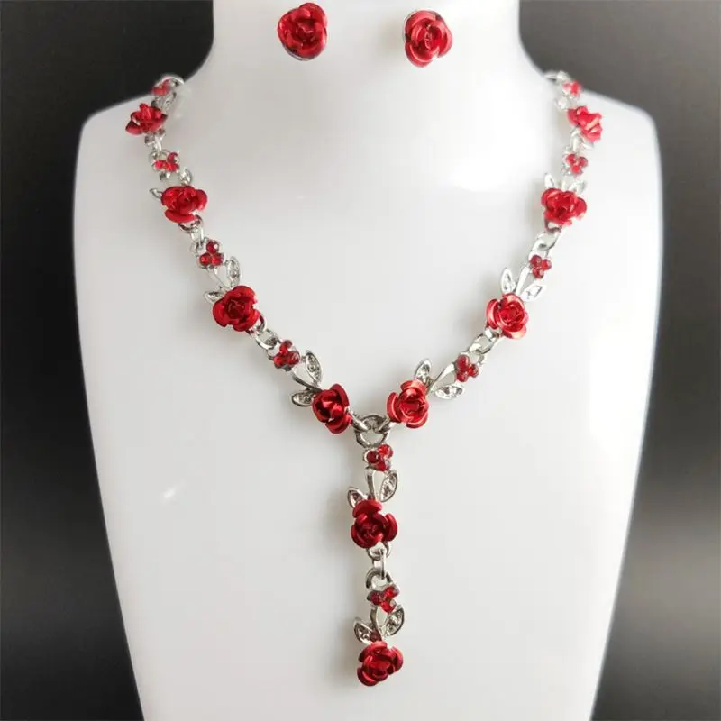 Женский Ювелирный Комплект Стразы с подвеской в виде цветка розы ожерелье и