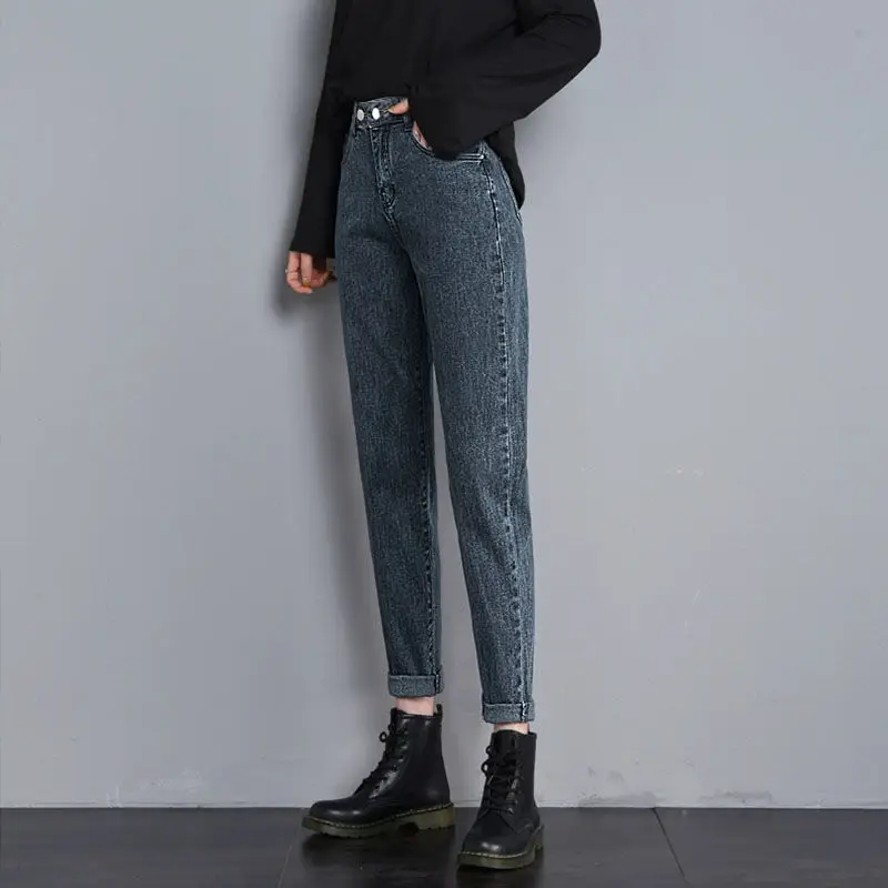 

Woman Jeans Pants Autumn Winter Retro High Waist Baggy Straight Trousers