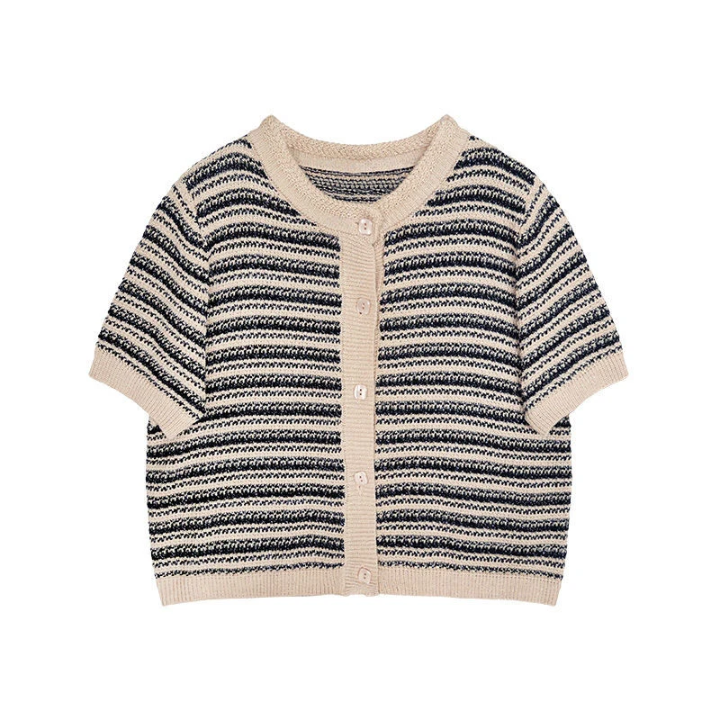 

Casual Hollow Out Short Sleeve Single-breasted T-shirts New Harajuku Women Loose Striped Tshirts Knitted Cardigan Women Sweaters