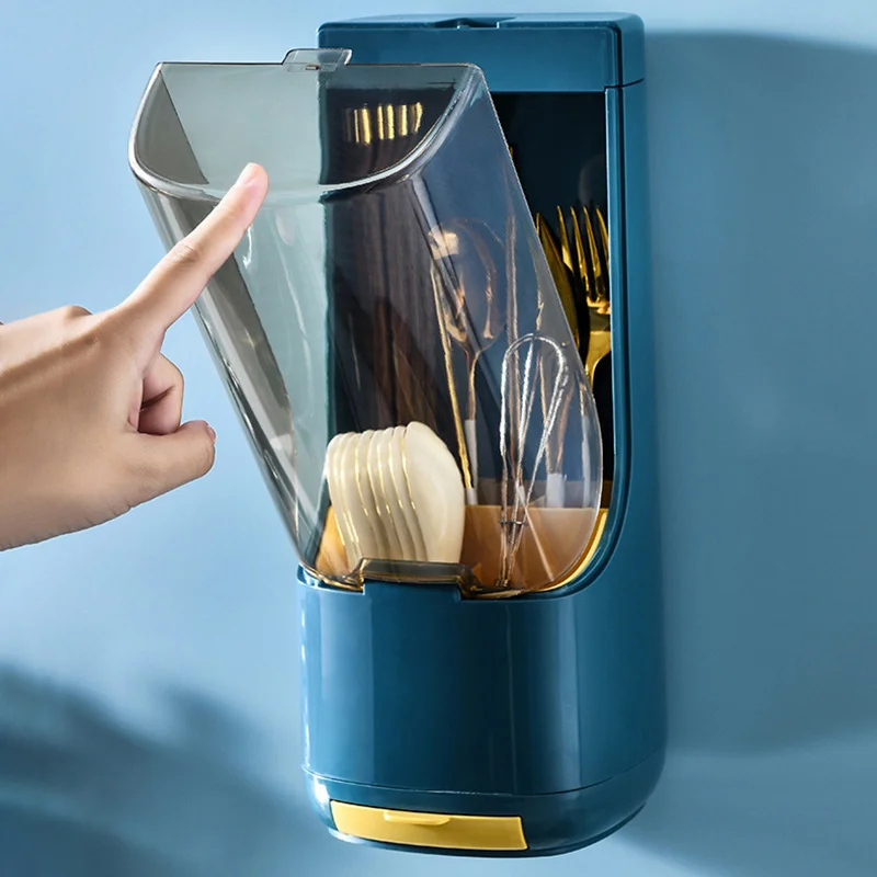 sterilizer kitchen utensils case mounted wall disinfect rack chopsticks holder cutlery draining flip top box organizing gadget free global shipping