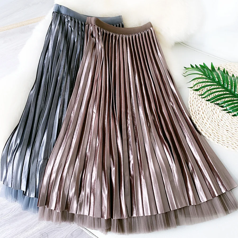 Golden Velvet Skirt Mesh Both Sides Wear Women 2021 Spring Autumn Elegant Chic Solid Pleated Skirt Elastic Waist Skirt Female