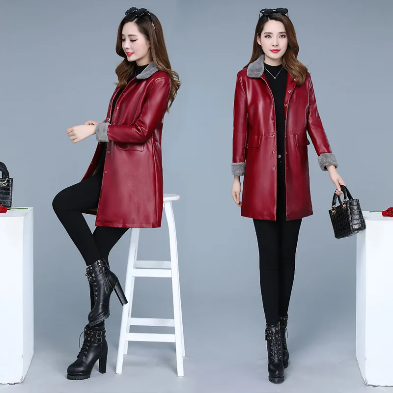 Женская кожаная куртка из искусственной овчины с длинным рукавом теплая Толстая