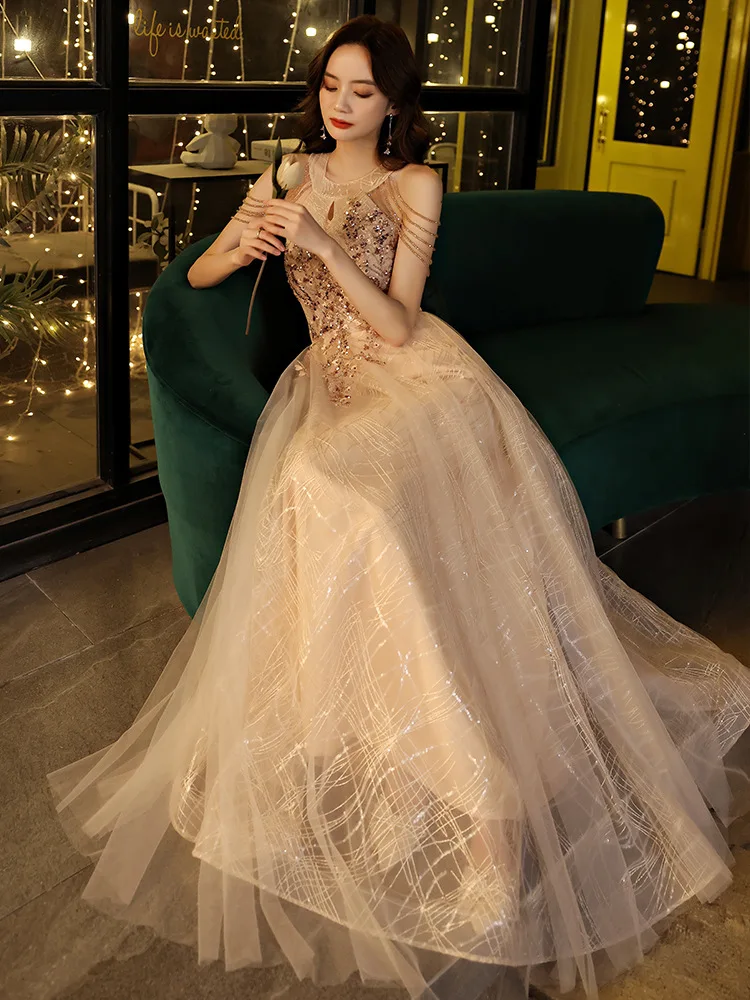 Женское вечернее платье с блестками и бисером цвета шампанского Длинные