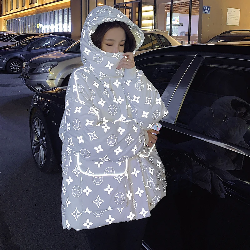 

Fashion Winter Floral Printing Bread Parkas Luminous Hooded Women Casual Jacket Zipper Coat Outerwear casaco feminino inverno