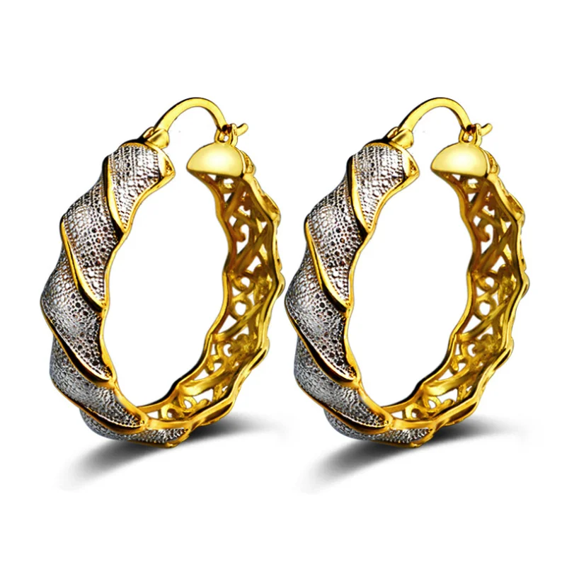 

Round Half Hollow in Gold Color Half in Silver Color Drop Earrings Yellow Gold-Plated For Women Lady Fashion Style