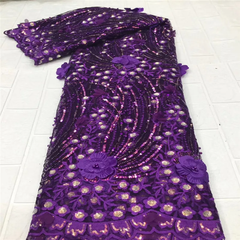 

Purple Nigerian beads 3D Flower Lace Fabrics High Quality African Net Lace Fabric With Sequins French Lace Fabric Sewging