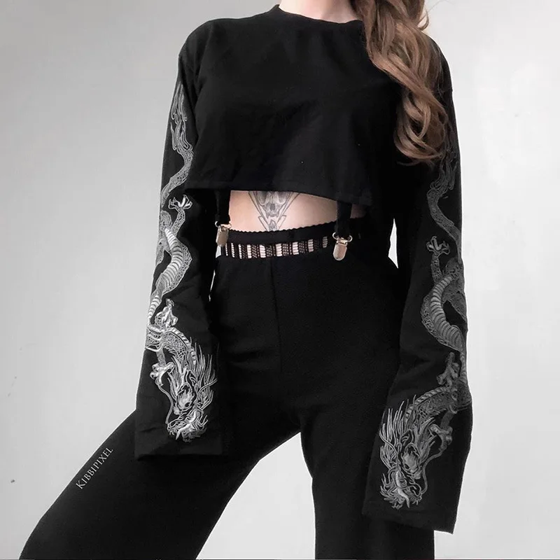 

Black Crop Top Hoodie Women Sweatshirt Gothic Punk Grunge Dragon Printed Harajuku Loose Sweatshirt Pullover Female Top
