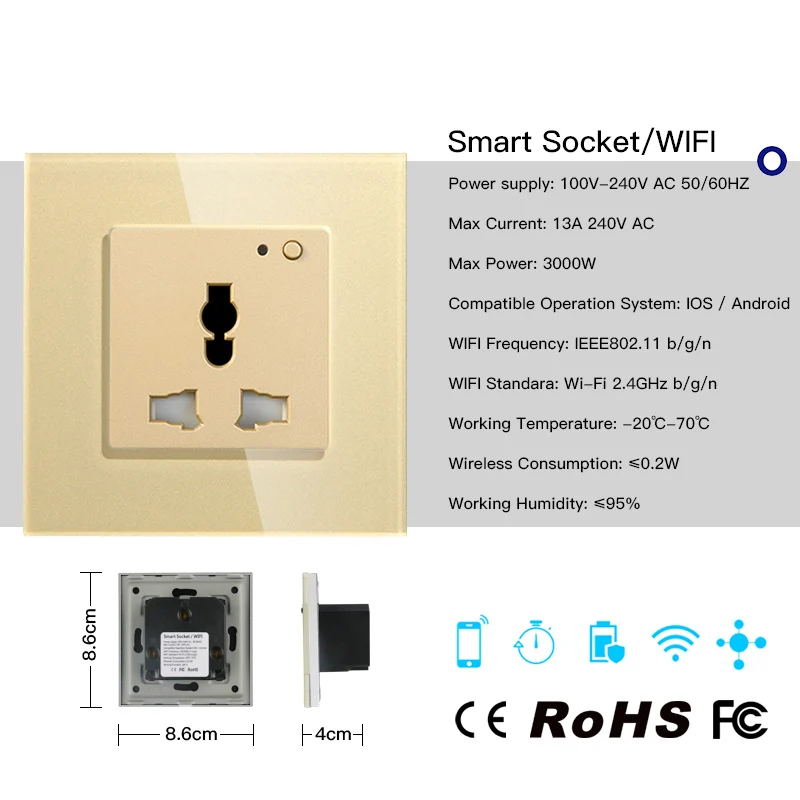 

Universal WiFi Smart Steckdose 13A Outlet Glas Panel Tuya APP Fernbedienung Arbeitet mit Amazon Echo Alexa Google Hause