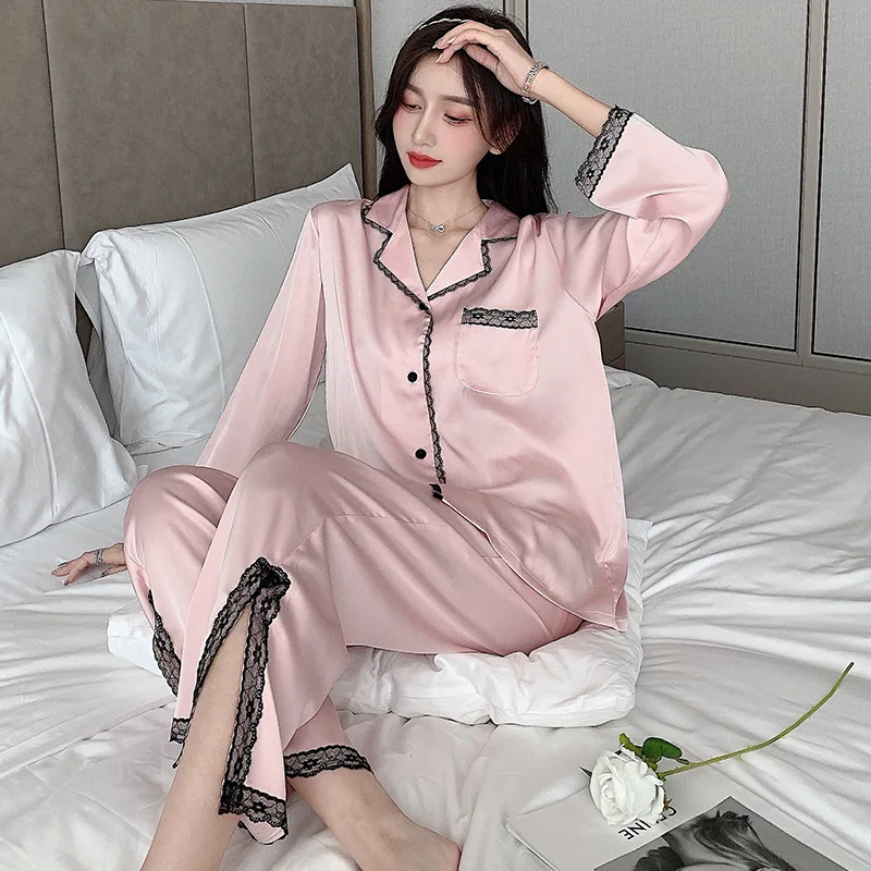 

QWEEK Silk Pijama Women Autumn Pajamas Lace Luxury Sleepwear Satin Pyjamas Elegant Bedroom Set 2 Piece Brief Loungewear Suit Pjs