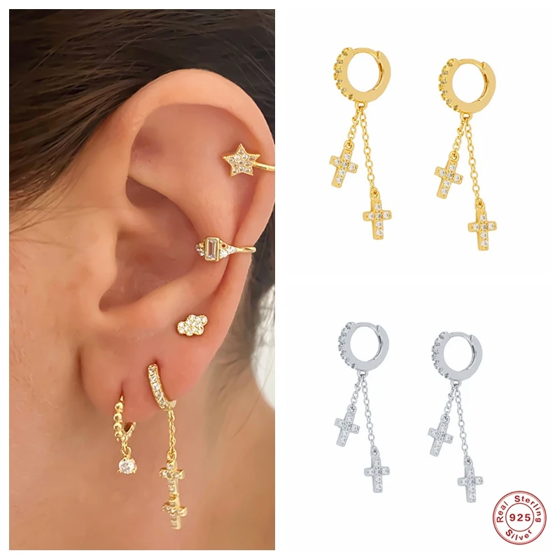 

Aide 925 стерлингового серебра двойной крест кулон серьги в виде капель, блестящее циркониевое цепь кисточкой длинные висячие серьги для женщи...