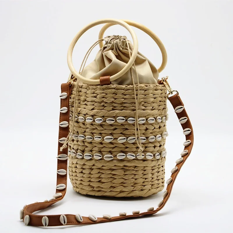 

Summer Shell Decoration Straw Women Shoulder Bag Round Top Handle Women Handbags Bohemia Beach Straw Bucket Bags For Women's Bag