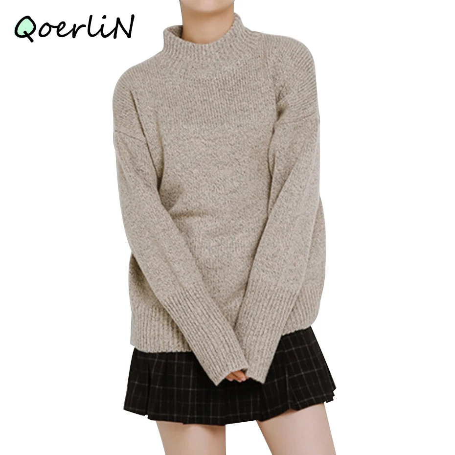 Minimalist Women Turtleneck Winter Sweater Fashion High-neck Loose Long Sleeve Pullovers Female Gray Solid Knitwear Pull | Женская
