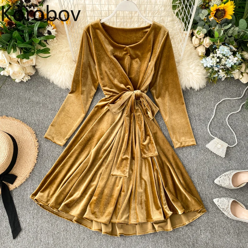 Korobov корейское однотонное элегантное бархатное платье с длинными рукавами