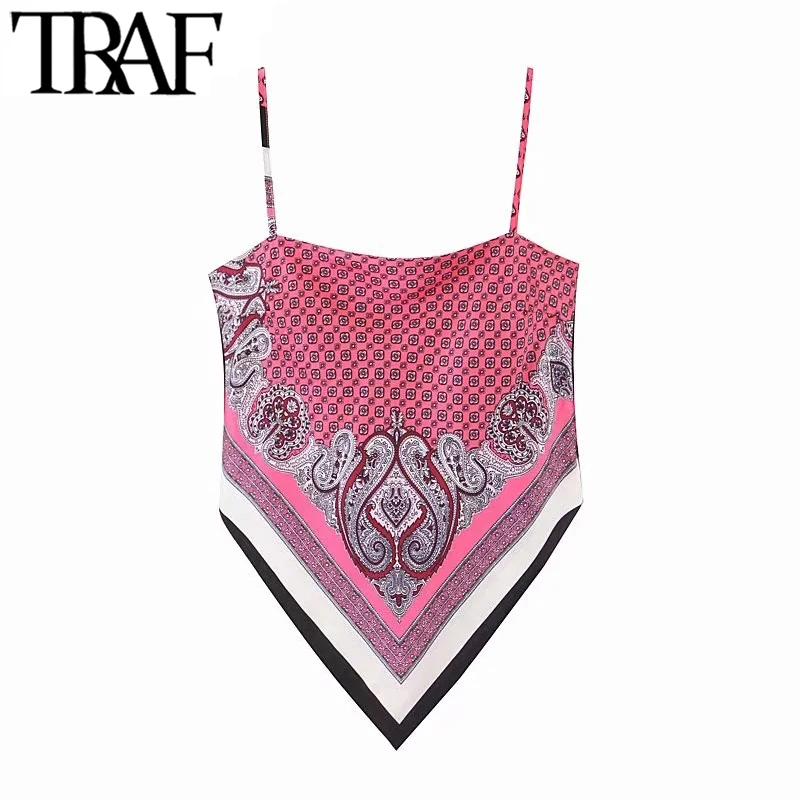 

TRAF Women Sexy Fashion Printed Backless Bow Tie Camis Tank Vintage Spaghetti Strap Summer Female Shirts Chic Tops