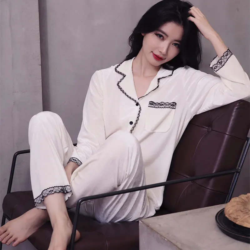 

Spring Velvet Pajamas Women Long Sleeve 2PCS Sleep Suit Sexy Lace Home Clothes Lounge Wear Loose Sleepwear Intimate Lingerie