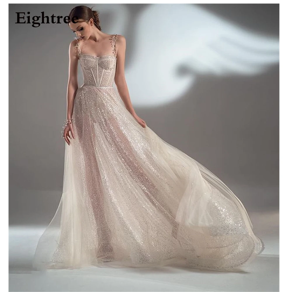

Elegant Champagne Glitter A Line Long Prom Dresses Spaghetti Flower Straps Appliques Sweetheart Evening Gowns Backless Dress