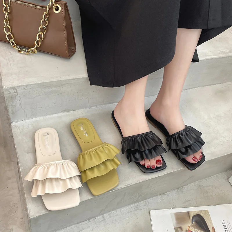 

Shoes Slippers Casual Slipers Women Beige Heeled Sandals Slides Luxury Flat Soft 2021 Black Rome Basic Solid Fashion PU Concise