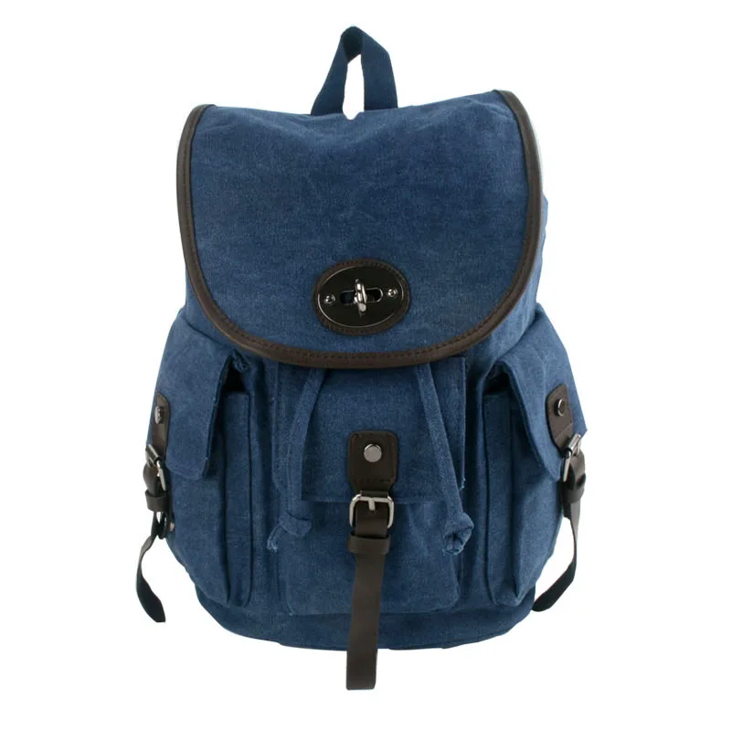 

Woman blue cotton canvas backpack casual daypack lady retro rucksack fashionable satchel ultralight girl's school bag knapsack