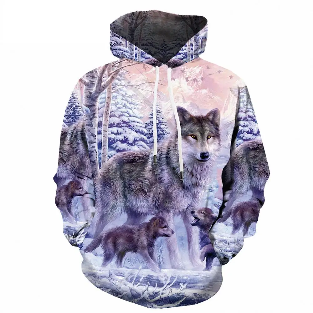 

2021 Fashionable Men's Snow Wolf Animal 3D Printing Hooded Oversized Men's Shiny Wolf Design Hooded Sweatshirt Harajuku Sweatshi